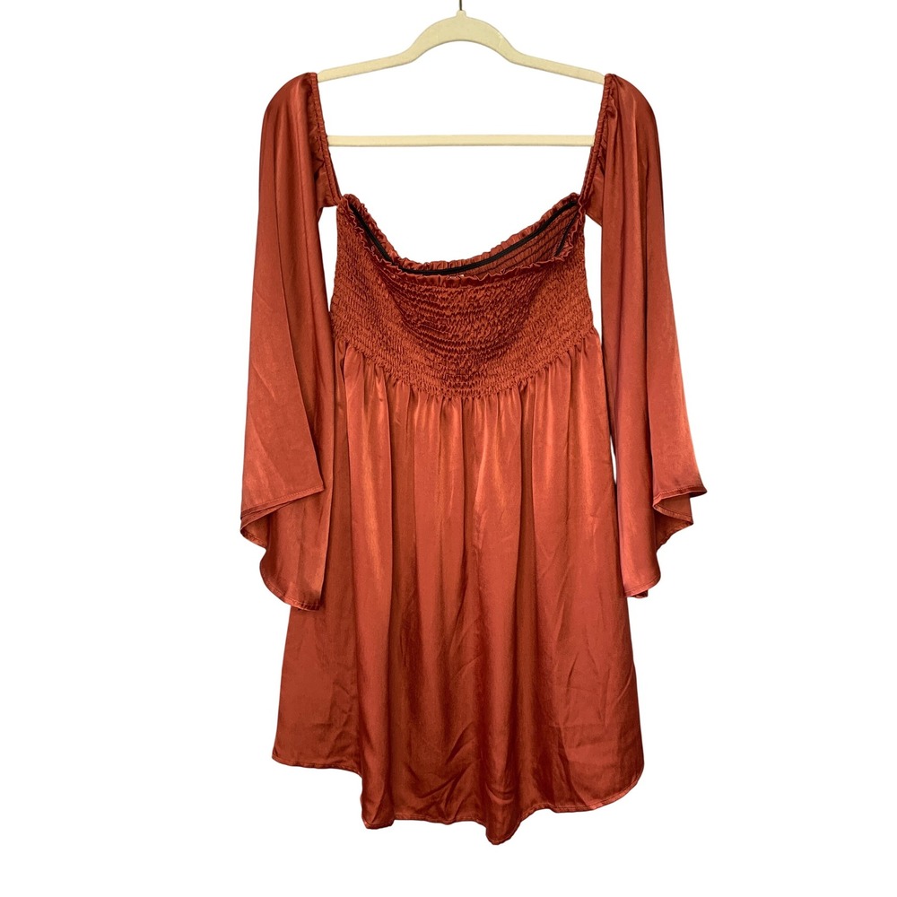 Show Me Your Mumu Ashley Sienna Sheen Smocked Bell Sleeve Mini Dress L